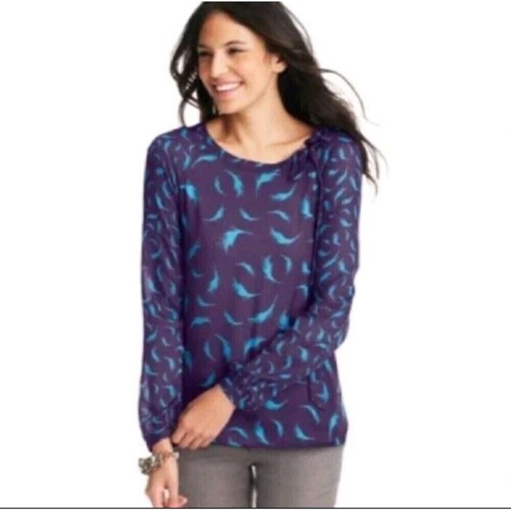 Loft M Purple Feather Print Blouse Office Career Boho Western Gypsy‎ Hippie 159